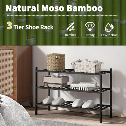 Shoe Rack, 3-Tier Bamboo Stackable Shoe Shelf Storage Organizer, Shoe Stand for Closet, Entryway and Hallway