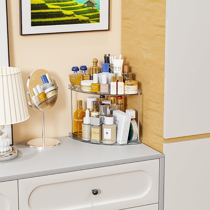 Yieach 2 Tier Corner Bathroom Counter Organizer,Clear Bathroom Organizers and Storage,Acrylic Bathroom Counter Shelf and Perfume Holder for Skin Care,Makeup,Toiletry Products and Perfume Organizer