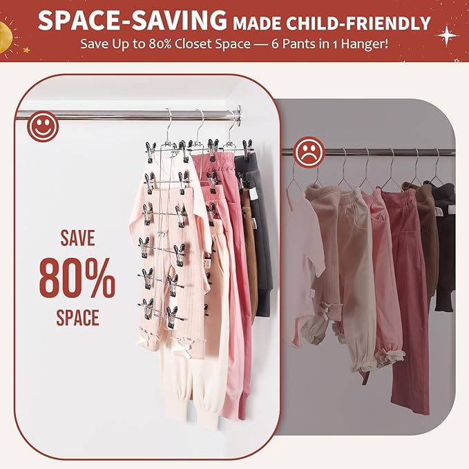 DOIOWN 6-Tier Baby Hangers with Clips - Space Saving Kids Pants Hangers for Babies & Kids Pant,Skirt,Clothe,Adjustable Stainless Steel Toddler Clothes Hanger for Newborn Children Closet Organization