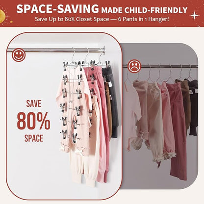 DOIOWN 6-Tier Baby Hangers with Clips - Space Saving Kids Pants Hangers for Babies & Kids Pant,Skirt,Clothe,Adjustable Stainless Steel Toddler Clothes Hanger for Newborn Children Closet Organization