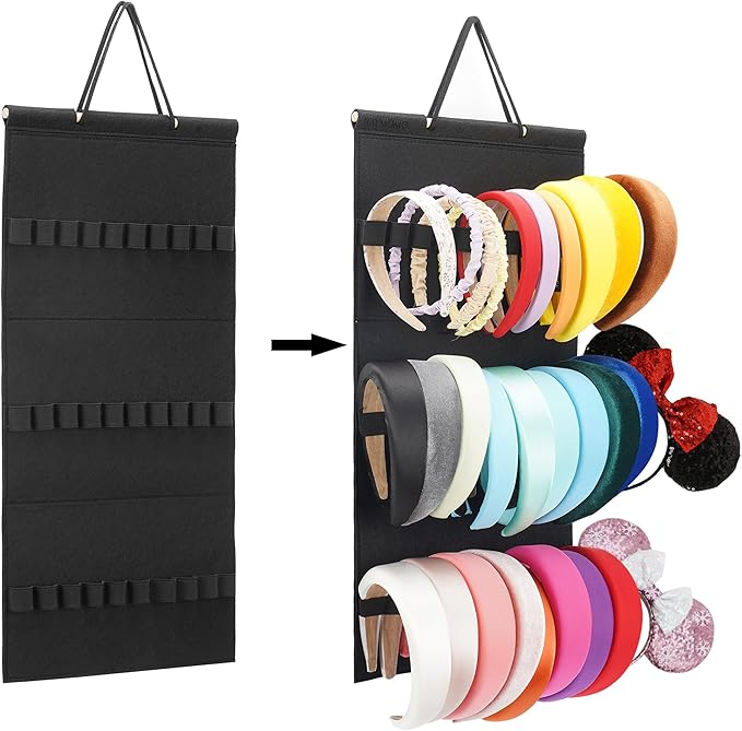 Hanging Headband Holder For Girls,Felt Headband Organizer Headband Storage Holder Organizer For Headband (Without Headbands) (Black)