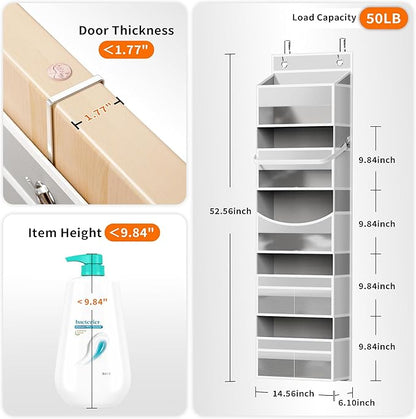 Over the Door Organizer - Behind the Door Storage with Rope for Toilet Paper Storage - Door Organizer Hanging with 5 Spacious Pockets & 14 Mesh Pockets (5 Tier-Grey)