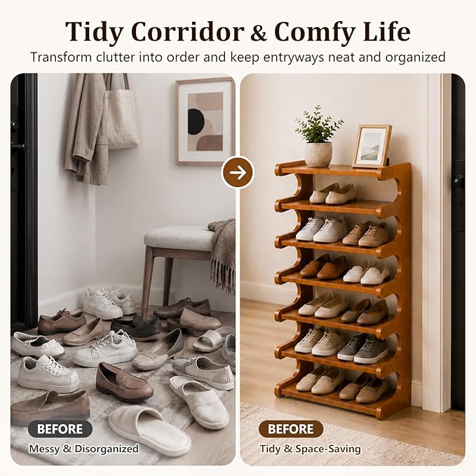 Vertical Narrow Shoe Rack, 7 Tier Shoe Storage Rack for Entryway, Free Standing Multi Layer Wooden Shoe Rack for Corridors, Bedrooms Living Room Corner And Small Spaces (7 Tier/W-50cm)