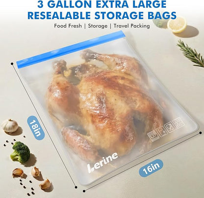 Lerine 4 Pack Reusable 3 Gallon Freezer Bags for Turkey Brining, 16"x18", Dishwasher Safe, Leakproof BPA Free Food Storage Bags for Marinating Meat, Home Organization (Multicolor, 4 Pack-3Gallon)
