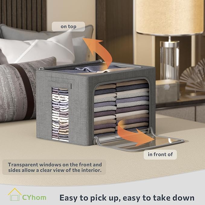 CYhom Clothes Storage Bins Box - Linen Fabric Foldable Stackable Container Organizer Set with Clear Window & Carry Handles & Metal Frame (Dark Gray, Medium-36L)