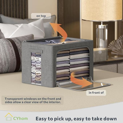 CYhom Clothes Storage Bins Box - Linen Fabric Foldable Stackable Container Organizer Set with Clear Window & Carry Handles & Metal Frame (Dark Gray, Medium-36L)