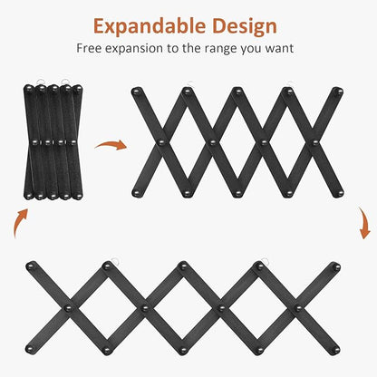 Accordion Wall Hanger, Hat Rack for Wall with 14 Coat Hooks, Expandable Hat Hangers Organizer, Vintage Decorative Coat Rack Wall Mount for Purse, Mug (Black)