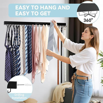 Tie Rack Wall Mount, Adhesive Wooden Closet Tie Hanger with 24 Metal Hooks, Large Capacity, 2 Installation Options, Black, 2 Pcs
