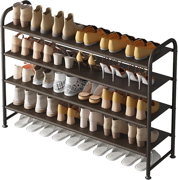 INGIORDAR Shoe Rack 4 Tier Long Storage Organizer Wide Metal Shoe Shelf for Closet Entryway Brown