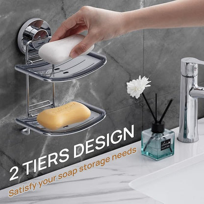 LEVERLOC Soap Dish Holder Suction Cup for Shower Wall Double Layer Drill-Free Waterproof Wall Mount Strong Suction Removable Bar Soap Sponge Holder for Bathroom Bathtub Kitchen, Chromed