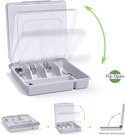 Utensil Holder for Countertop with Lid, Plastic Silverware Tray for Drawer, 5 Compartments Flatware Organizer, White