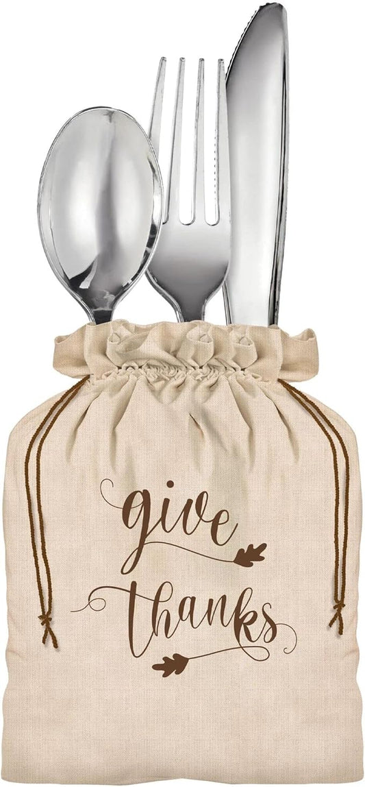 Charming "Give Thanks" Canvas Cutlery Holder - 6" x 4.12" (Set of 8) - Eco-Friendly Tableware Organizer for Thanksgiving & Everyday Use