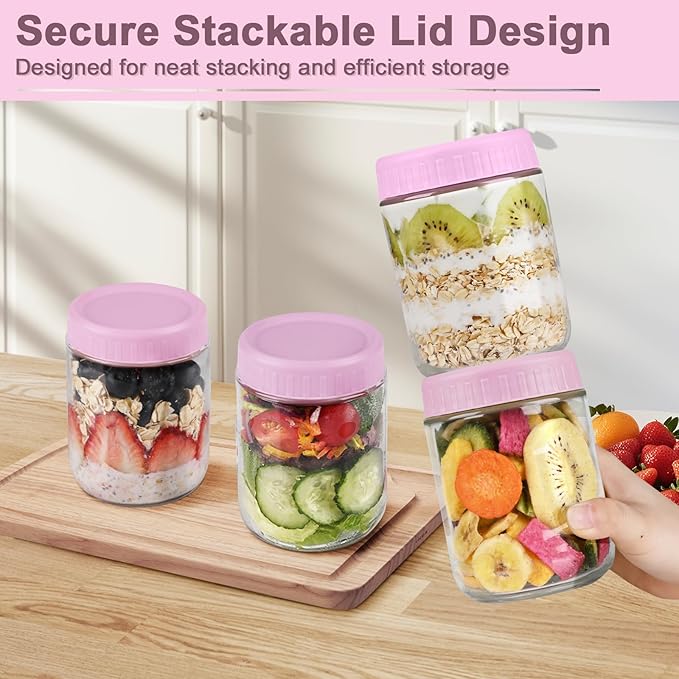 Overnight Oats Containers with Lids, 16oz Wide Mouth Mason Jars with Lids, 9 Pack Glass Jars with Airtight lid for Chia Pudding Yogurt Salad, Meal Prer Oatmeal Jars, Pink
