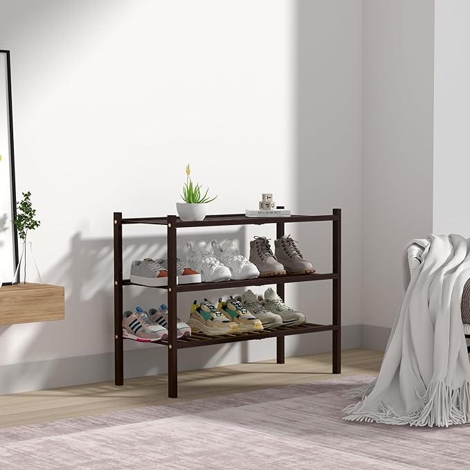ROMGUAR CRAFT 3 Tier Bamboo Shoe Rack for Closet Free Standing Wood Shoe Shelf for Entryway Small Space Stackable 27"x11"x20" (Brown)