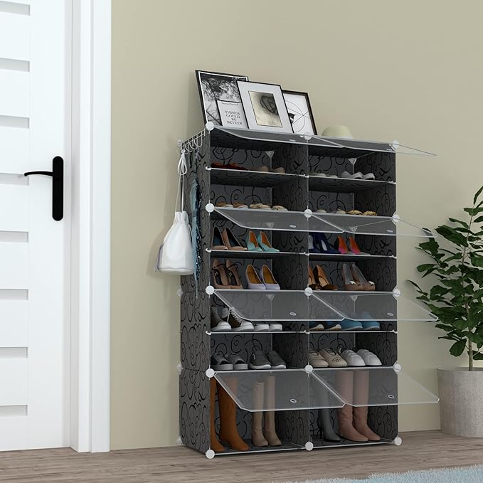 Shoe Rack Organizer, 32 Pair Shoe Storage Cabinet with Door Expandable Plastic Shoe Shelves for Closet,Heels,Boots,Slippers,8 Tier