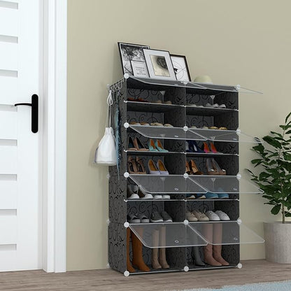 Shoe Rack Organizer, 32 Pair Shoe Storage Cabinet with Door Expandable Plastic Shoe Shelves for Closet,Heels,Boots,Slippers,8 Tier