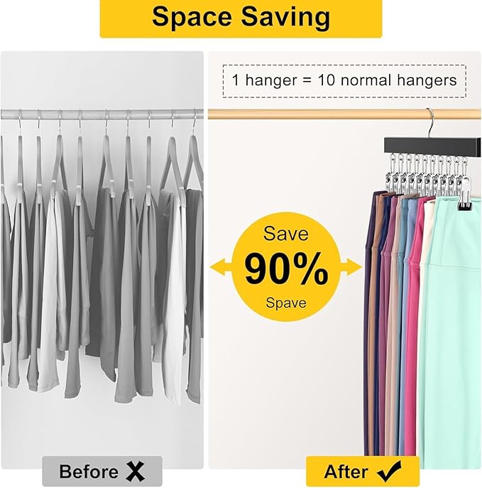 Legging Organizer for Closet, Pants Hangers with Clips Holds 20 Leggings, Jeans, Hats, Shorts, Socks, 360° Rotating Space Saving Hanging Clothes Organizer for Closet Organizers and Storage 4Pcs Wood