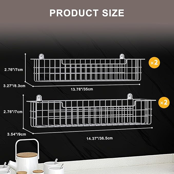 Spice Rack Wall Mount, 4-Pack Seasoning Organizer for Kitchen Storage Organization, Spice Holder Shelf Saving Space for Cabinet, RV, Pantry, Silver
