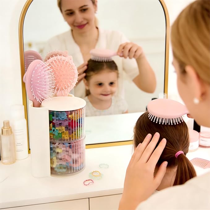 Hair Accessories Organizer with Hair Brush Holder, Rotatable Makeup Brush Holder for Necklaces, Earring, Bracelet, Ring, Makeup Brushes, Hair Clip and Hair Accessories (2 Layer Beige)