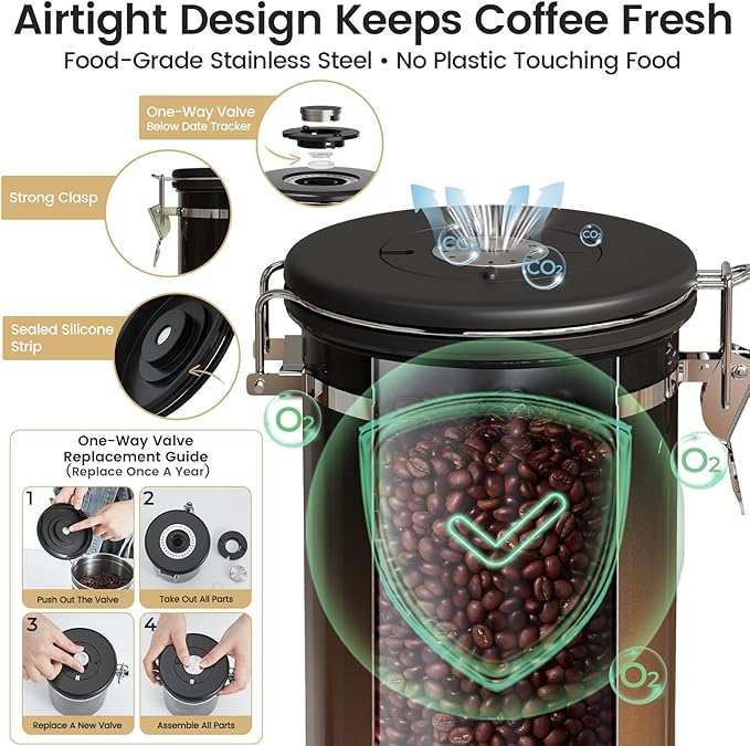 Veken Coffee Canister with Window,Airtight Stainless Steel Kitchen Food Storage Container, Date Tracker & Scoop for Grounds Coffee, Beans, Tea,Flour,Cereal,Sugar,22OZ,Copper (Pack of 2)