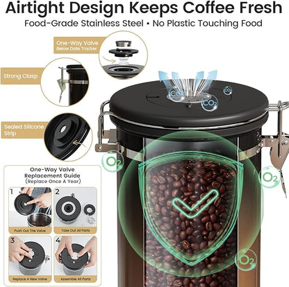 Veken Coffee Canister with Window,Airtight Stainless Steel Kitchen Food Storage Container, Date Tracker & Scoop for Grounds Coffee, Beans, Tea,Flour,Cereal,Sugar,22OZ,Copper (Pack of 2)