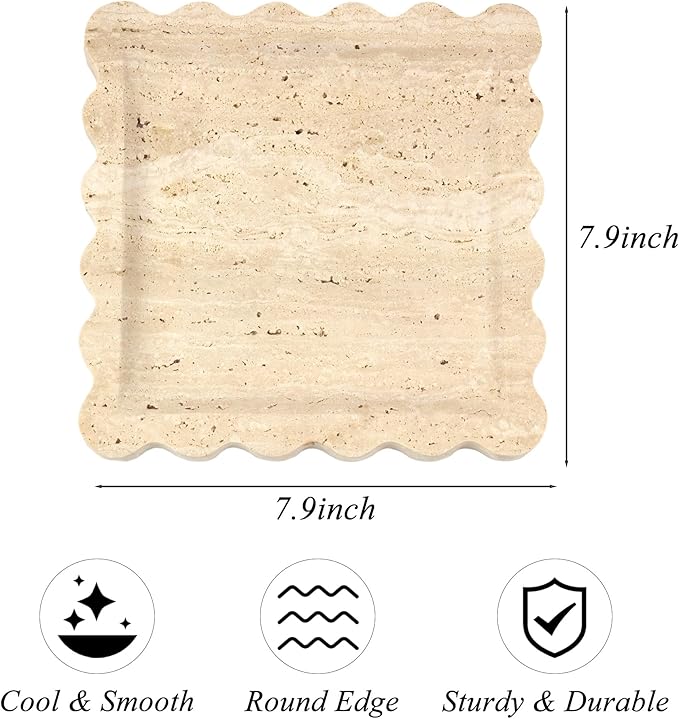 Square Travertine Vanity Tray with Scalloped Edge - Natural Stone Perfume Tray Decor for Dresser, Vanity, Kitchen, Home Decor, Decorative Square Stone Tray - Travertine 8 * 8 inch