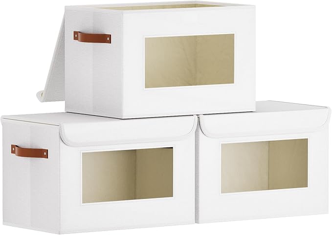 Foldable Storage Baskets with Lids, 13 x 9.1 x 7.9 Inch Closet Organizers for Sock Hat Blanket, Fabric Storage Boxes with Handles, White, 3-Pack