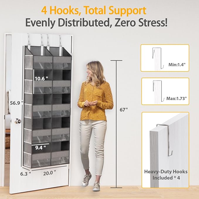 Over The Door Organizer with 5 Shelves, 9 Compartments + 10 Side Pockets, 90+ lbs Weight Capacity, Heavy-Duty Behind the Door Organizer Hanging Closet Organizer and Storage for Room Essentials (Grey)