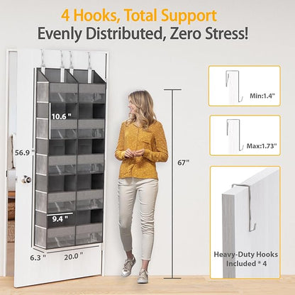 Over The Door Organizer with 5 Shelves, 9 Compartments + 10 Side Pockets, 90+ lbs Weight Capacity, Heavy-Duty Behind the Door Organizer Hanging Closet Organizer and Storage for Room Essentials (Grey)