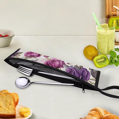 COEQINE Purple Rose Flower Utensil Holder Case for Home Work Outdoor Travel Accessories Fork Spoon Knife Organizer With Lid for Party Fashion Retro Style Floral Silverware Case