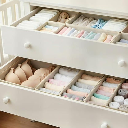 Drawer Organizer Set 4 Pack - Foldable 11" Fabric Storage Bins with Zipper Bottom for Underwear Socks Bras Baby Clothes - Closet Dresser Dividers for Bedroom Nursery, Light Grey