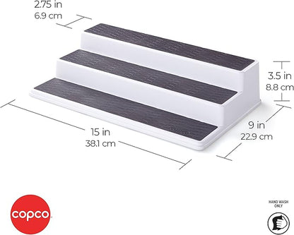 Copco 3-Tier Non-Skid Spice Rack Organizer for Kitchen Cabinet or Pantry, 15-Inch Tiered Shelf, White/Gray, Slip-Resistant Design for Jars and Bottles