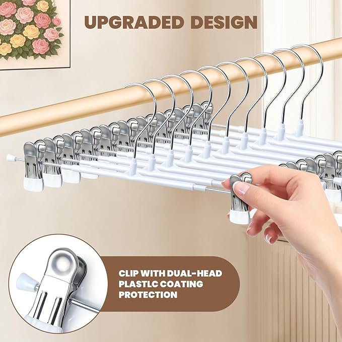 HUADYMEET 100 Pack 14Inch Pants Hangers with Clips,Metal Trouser Hanger for Jeans.Space Saving Skirt Hangers Heavy Duty Non-Slip Adjustable Clothes Shorts Hanger for Women,Men,White