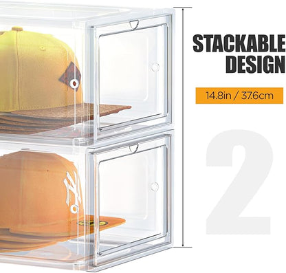 SCAVATA Hat Organizer Box, Stackable Clear Baseball Caps Holder Box Containers with Magnetic Door for Hats Snapback Cap Storag, Hat Rack Display Case, Holds 8 Hats Each (Clear, 2 Pack)