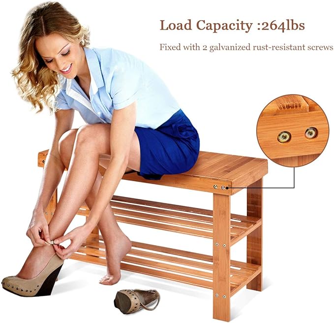 GOFLAME Shoe Bench Rack, 2-Tier Bamboo Seat Storage Shelf, Free Standing Shoe Storage Bench with Stylish and Modern Design, Shoe Organizer for Décor Entryway, Hallway, Living Room, Bathroom (Natural)
