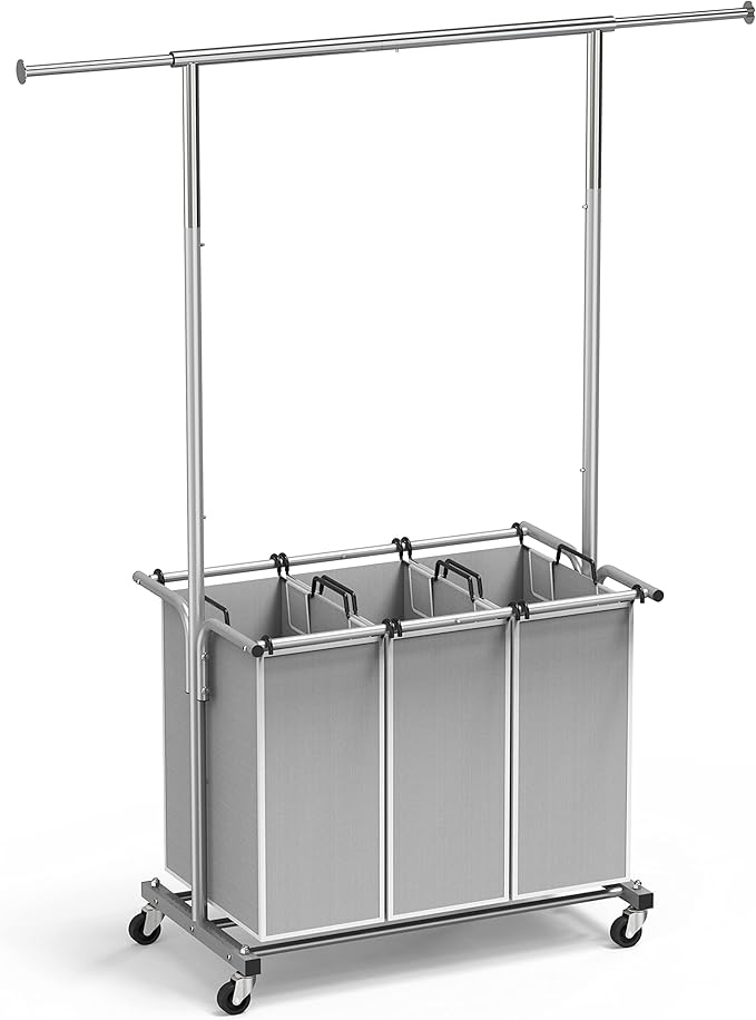 Simple Houseware 3 Bags Laundry Sorter with Extensible Clothes Hanging Rod