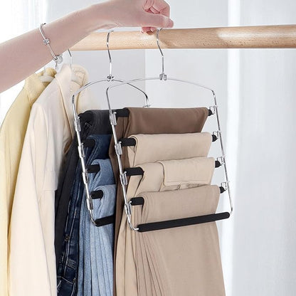 SINDAX Pants Hangers Space Saving - 6Pack, 5 Layers Space Saving Hangers, Sturdy Stainless Steel Pant Rack with Anti-Slip Swing Arm, Closet Organizers and Storage for Trousers Jeans