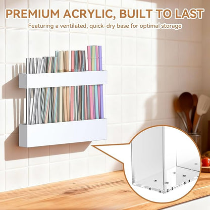 9.5 Inch Cabinet Door Acrylic Straw Holder with Double-Sided Tape, Kitchen Countertop Cabinet Storage Box in (White)