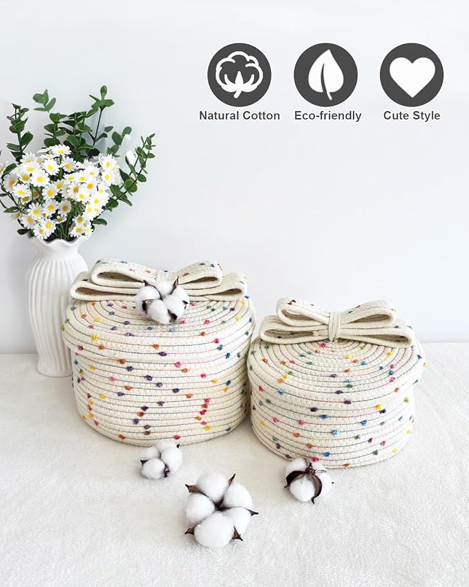 Tiny Basket with Lid, Small Round Woven Basket with Lid, Decorative Storage Box for Small Toy, Gift or Home Decor, Rainbow Pom-pom & Cute Bow Handle (rainbow, S)