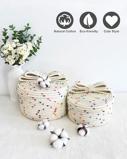 Tiny Basket with Lid, Small Round Woven Basket with Lid, Decorative Storage Box for Small Toy, Gift or Home Decor, Rainbow Pom-pom & Cute Bow Handle (rainbow, S)