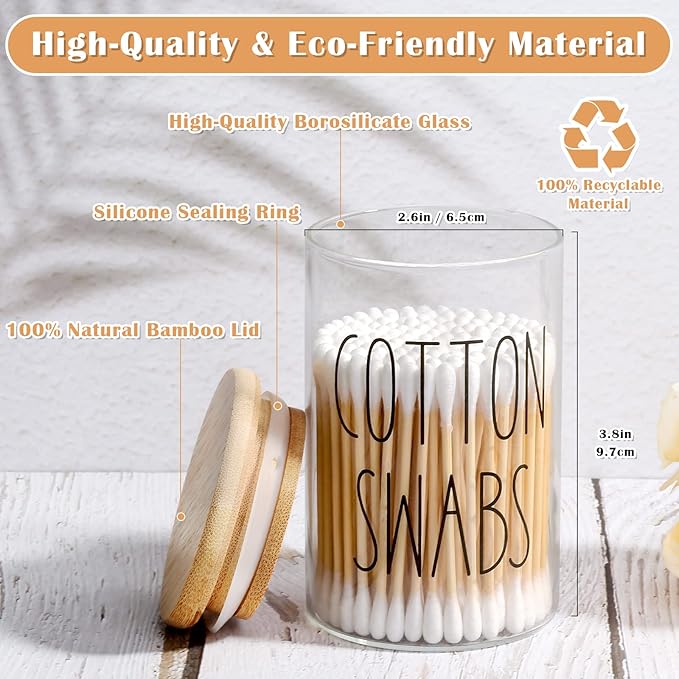 ROADPLUM Qtip Holder Bathroom Set, 4 Pack 10 oz Glass Bathroom Jars with Lid, Glass Organizers/Canisters/Apothecary Jars for Q-tip, Cotton Ball, Floss Pick and Makeup Storage