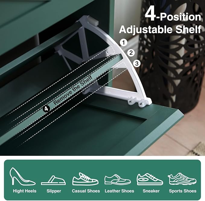 Barnyatoh Shoe Storage Cabinet,Farmhouse Shoe Organizer with 2 Flip Drawers & Barn Door Design,Freestanding Hidden Slim Narrow Shoe Rack Cabinet with Open Storage for Entryway, Foyer,Hallway,Green