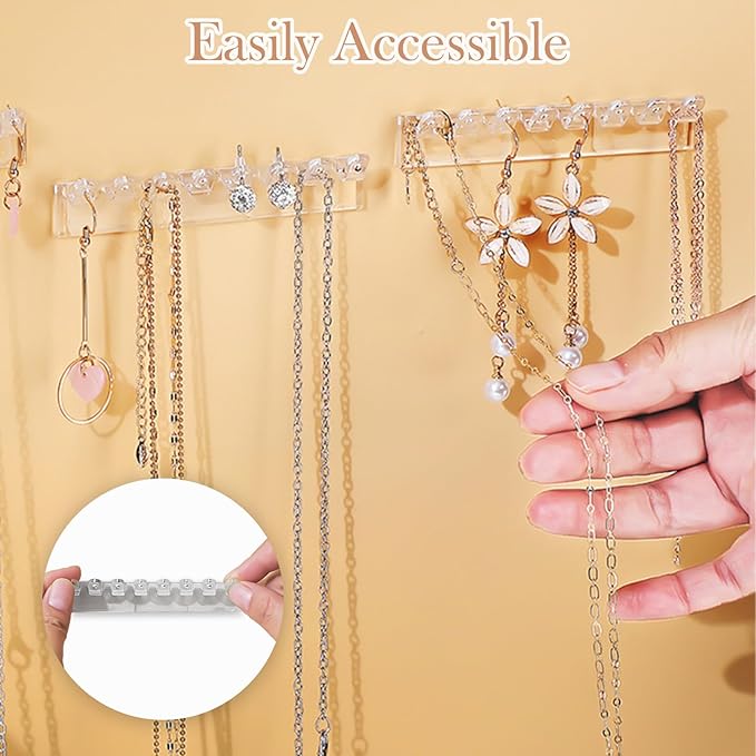 6 Pack Jewelry Organizer - Clear Wall-Mounted Holder, Easy to Install, 3.7" x 0.6", with 8 Hooks for Necklaces, Bracelets, Earrings, and Keys