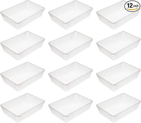 YBM HOME 12-Pack Plastic Storage Baskets Bins for Home Junk Drawer, Shelves, and Office Organization, Functional Trays/Containers Great for Kitchen Pantry, Cabinets, Bedrooms, and Bathrooms, Clear