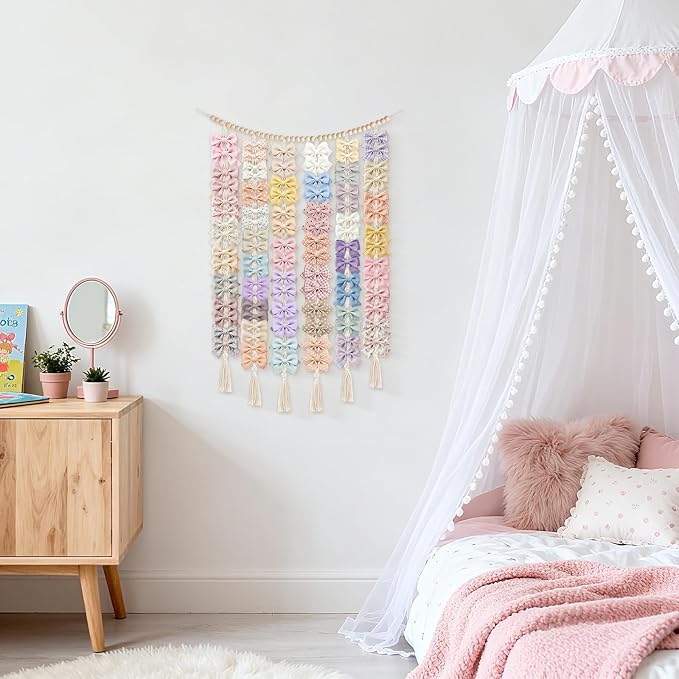Dahey Macrame Bow Holder Hanging Hair Bow Organizer for Baby Girls Boho Wall Decor Handmade Headband Holder with wood beads Storage Hair Clips for Baby Nursery Room,1 PCS, Clips and Bows Not Included