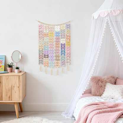 Dahey Macrame Bow Holder Hanging Hair Bow Organizer for Baby Girls Boho Wall Decor Handmade Headband Holder with wood beads Storage Hair Clips for Baby Nursery Room,1 PCS, Clips and Bows Not Included