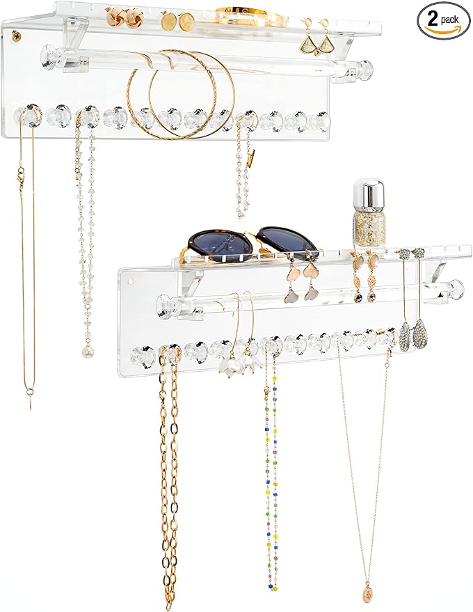 Acrylic Hanging Jewelry Organizer Wall Mounted Necklace Holder and Stud Earring Organizer with Floating Shelf and Bracelet Holder Rod for Women Girls (2 Pack)
