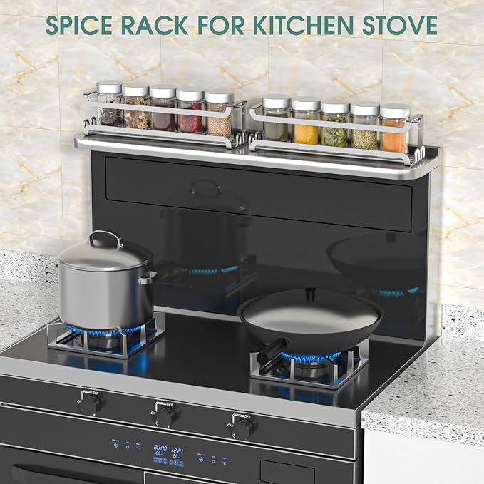 LUCYCAZ 2 Pack Wall Mounted Spice Rack with 8 Hooks, Spice Organizer Shelf for Stove Cabinet Pantry Door,Screw or Adhesive Spice Shelf Hanging Wall Spice Rack in Kitchen and RV (Silver, 2 PACK)