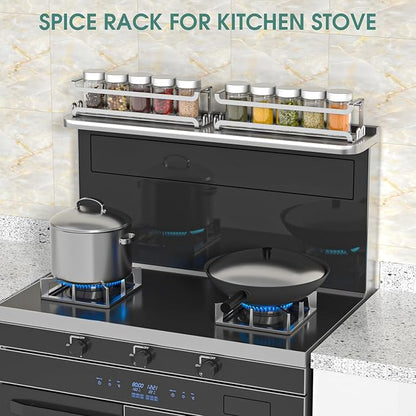 LUCYCAZ 2 Pack Wall Mounted Spice Rack with 8 Hooks, Spice Organizer Shelf for Stove Cabinet Pantry Door,Screw or Adhesive Spice Shelf Hanging Wall Spice Rack in Kitchen and RV (Silver, 2 PACK)