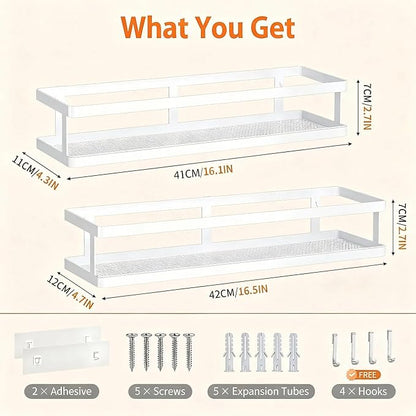 PUSDON 2-Pack 16.5" Extra Long Slim Shower Caddy, Adhesive Wall Mount Bathroom Organizer, Rustproof Open Frame Mesh Spice Rack for Kitchen, Holds 50LBS - White, Guardrail